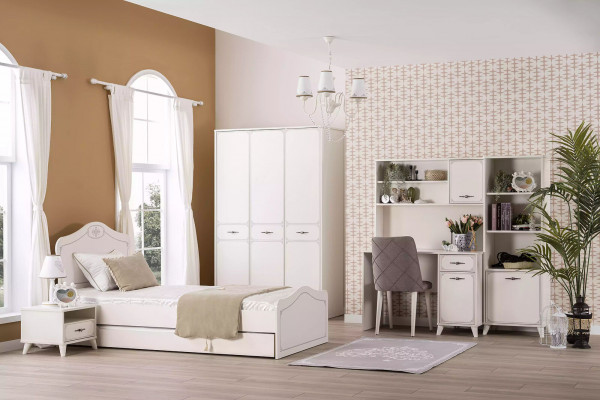 Komplett Jugendbett Funktiounsbett Auszéibar Set 8tlg Holz Wäiss