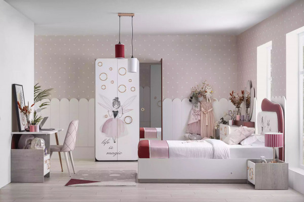 Komplett Kanner Miwwelen - Kannerbett mat Bettkësch, Holz Rosa Set 6 Stéck