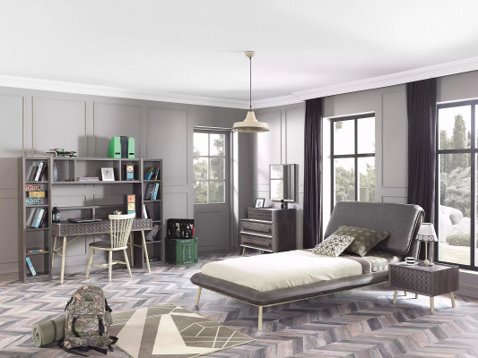 Komplett Jugendbett Kandemöbel Kannerzëmmer Bett Holz Grau Set 5tlg