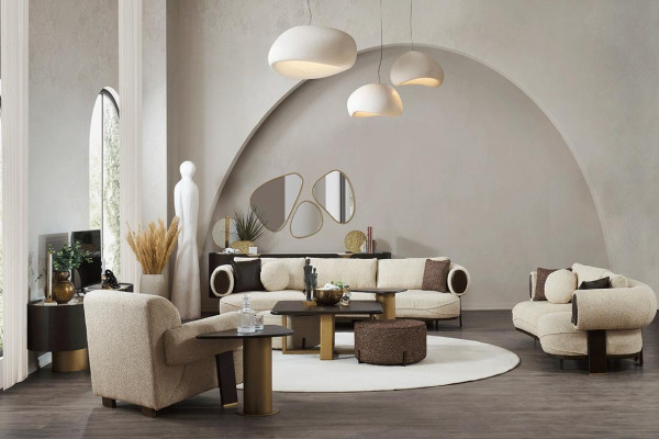 Wäiss Wunnzëmmer Sofasaz 2x Beistelltëscher 2x Hocker Luxus Couchen