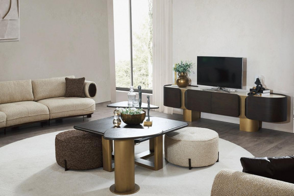 Wäiss Wunnzëmmer Sofasaz 2x Beistelltëscher 2x Hocker Luxus Couchen