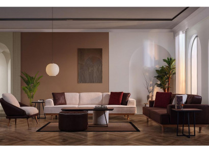 Stylvoll Braun-Wäiss Sofagarnitur Wunnzëmmer Fauteuil Dësch Hocker