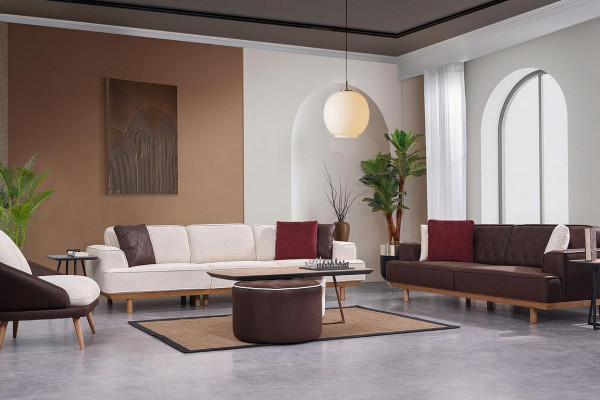 Stylvoll Braun-Wäiss Sofagarnitur Wunnzëmmer Fauteuil Dësch Hocker