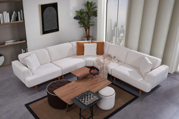 Wäisst Wunnzëmmer 6tlg Set Designer Polster Ecksofa 2x Hocker Coffertësch