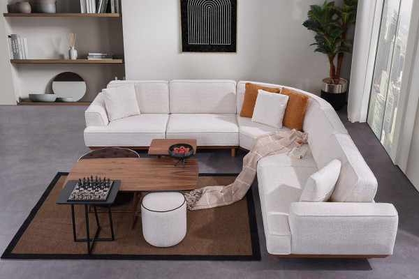 Wäisst Wunnzëmmer 6tlg Set Designer Polster Ecksofa 2x Hocker Coffertësch