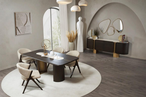 Schwaarz-Beige Iesszëmmer Garnitur Reckteckegen Iessdësch 4x Still Spigel