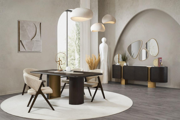 Schwaarz-Beige Iesszëmmer Garnitur Reckteckegen Iessdësch 4x Still Spigel