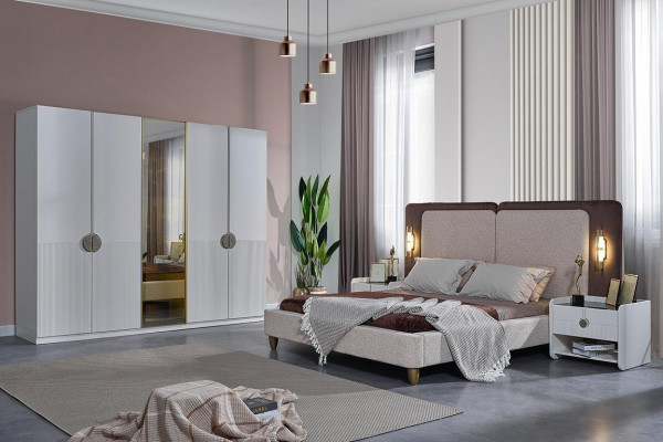 Stilvoll Schlofzëmmer Miwwelen Designer Bett 2x Nuetsdëscher Kleederschaf
