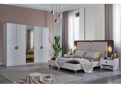Stilvoll Schlofzëmmer Miwwelen Designer Bett 2x Nuetsdëscher Kleederschaf