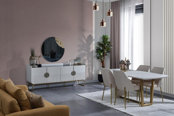 Wäiss Holzesszëmmer Set Designer Iessdësch 4x Gepolstert Stull 7 Deeler.