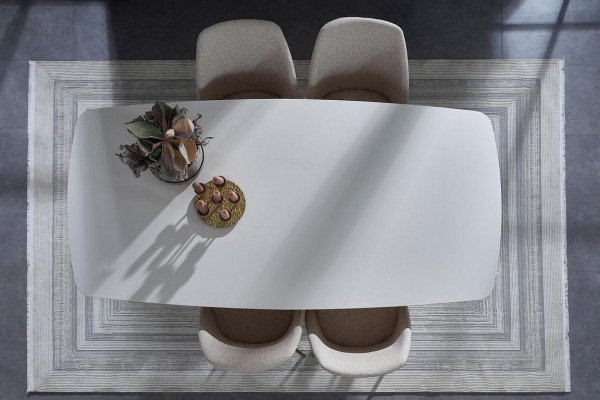 Wäiss Holzesszëmmer Set Designer Iessdësch 4x Gepolstert Stull 7 Deeler.
