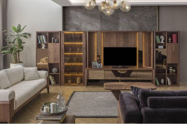 Modern brong Wunnwand, Wunnzëmmer Holz-Mauer, Mux LED-Regaler, Wunnflächewänn.