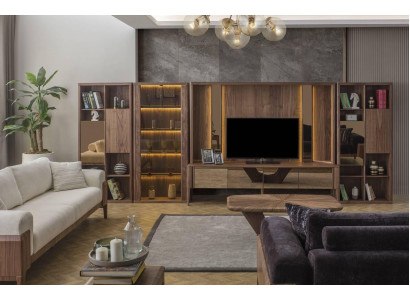 Modern brong Wunnwand, Wunnzëmmer Holz-Mauer, Mux LED-Regaler, Wunnflächewänn.