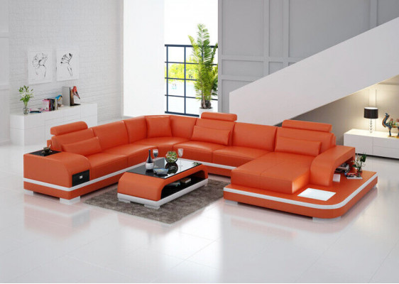 Luedercouch Canapé Wunnlandschaft Ecksofa Eck Garnitur Design Modern Sofa +USB Nei