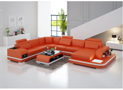 Luedercouch Canapé Wunnlandschaft Ecksofa Eck Garnitur Design Modern Sofa +USB Nei