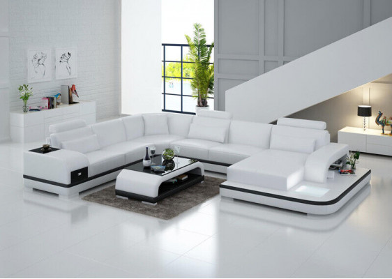 Luedercouch Canapé Wunnlandschaft Ecksofa Eck Garnitur Design Modern Sofa +USB Nei