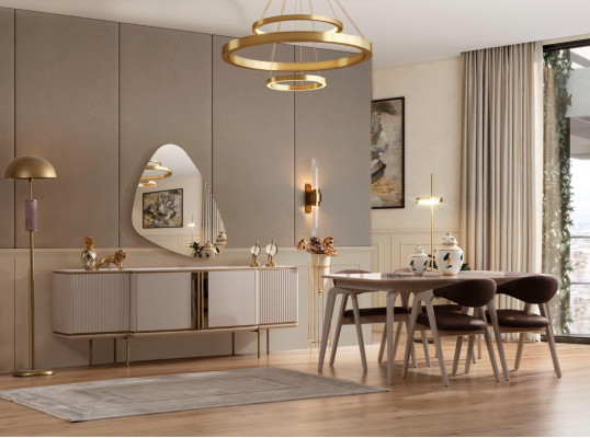 Holzmiwwelen Designer Iesszëmmer Set Beige Iessdësch 4x Still Komode