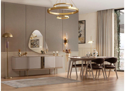 Holzmiwwelen Designer Iesszëmmer Set Beige Iessdësch 4x Still Komode