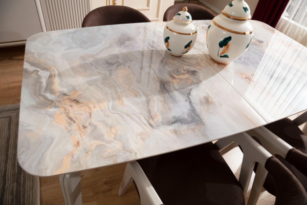 Holzmiwwelen Designer Iesszëmmer Set Beige Iessdësch 4x Still Komode