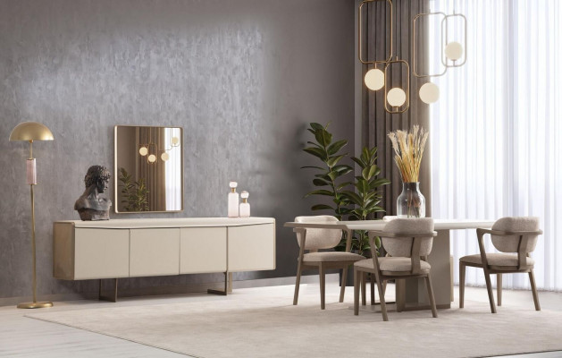 Béige Iesszëmmer-Garnitur Designer Iessdësch Gepolstert Still Luxus Anrichte