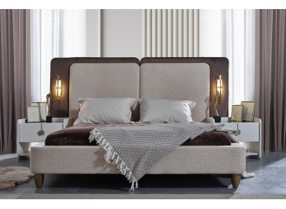 Grau-wäiss Schlofzëmmer Garnitur Designer Polster Duebelbett Nuetsdësch