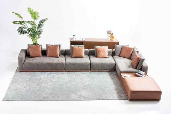 Grau Wunnzëmmer Sëtz Wunnlandschaft Eckgarnitur Designer Stoffsofa