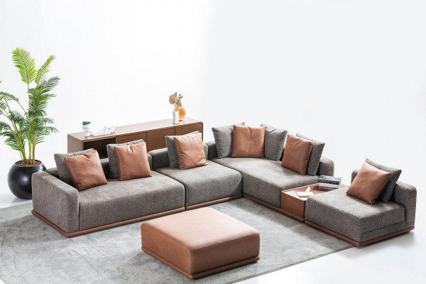 Designer gro Couch a L-Form, Eck-Wunnlandschaft fir d'Wunnezëmmer, zweedelige Hocker.