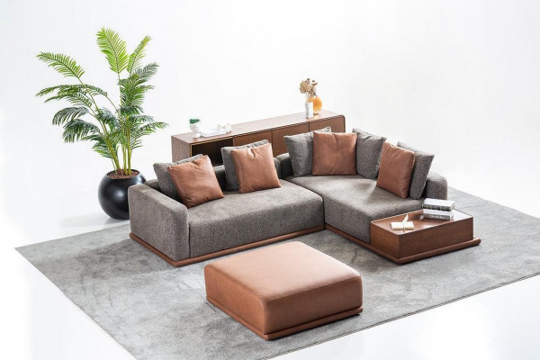 Wunnzëmmer Sitzgrupp Gréisst L-Form Sofa Brongen Hocker Luxus Miwwelen