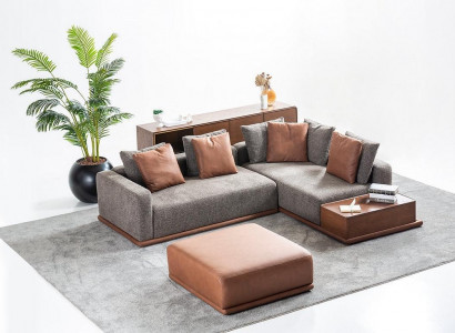 Wunnzëmmer Sitzgrupp Gréisst L-Form Sofa Brongen Hocker Luxus Miwwelen