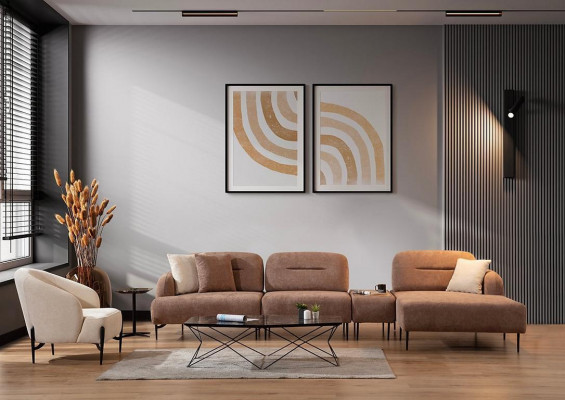 Braun-Beige Stotzëmmer Sëtzgruppe Eckcouch Wunnlandschaft Fauteuil 2 Stéck