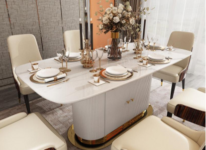 Marmor Designer Iessdësch + 6 Stull Set Garnitur Zëmmer Gruppe 7 Deeler Dëscher