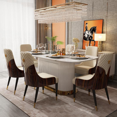 Marmor Designer Iessdësch + 6 Stull Set Garnitur Zëmmer Gruppe 7 Deeler Dëscher