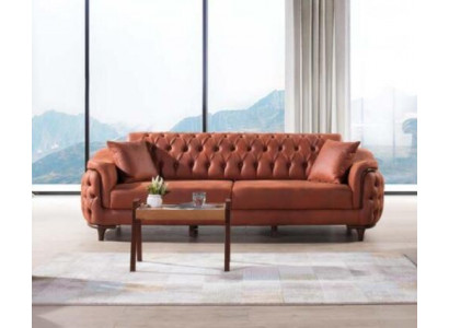 Orange Chesterfield Canapé Dräisëtzer Sofa Miwwelen Samt Holz Sitzpolster