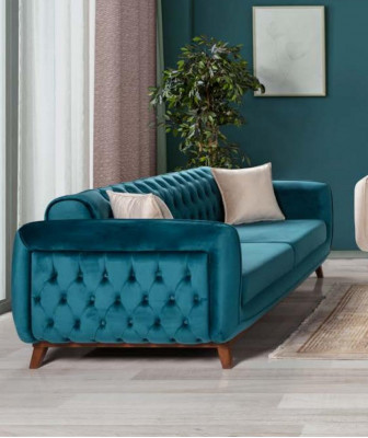 Design Canapé 3 Sëtzer Sofa Drësëtzer Polster Stoff Turkis Sëtzpolster