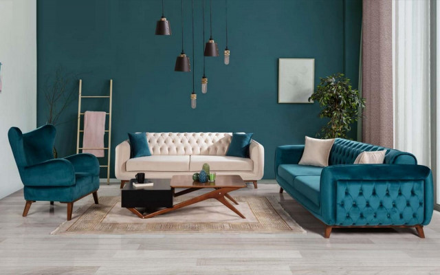 Dresëtzeger Sofa Gepolstert Couch Stoff Miwwelen Beige wäiss Samt