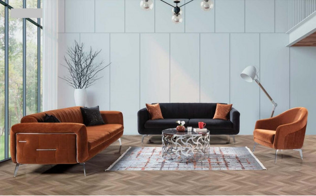 Orange Design Canapé Sofa Samt Dräisëtzer Luxus Miwwelen Stoff Textil