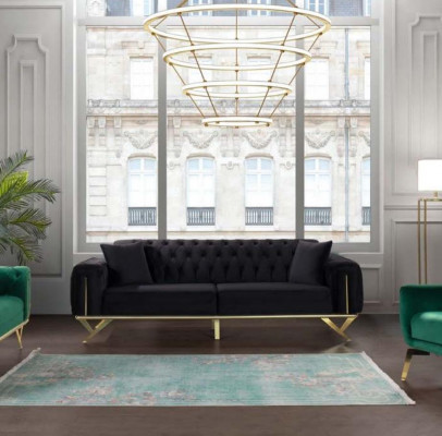 Schwaarz Chesterfield Canapé Drësëtzer Sëtzpolster Sofa Samt Holz