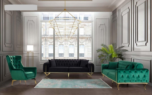 Schwaarz Chesterfield Canapé Drësëtzer Sëtzpolster Sofa Samt Holz