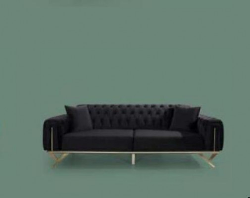 Schwaarz Chesterfield Canapé Drësëtzer Sëtzpolster Sofa Samt Holz