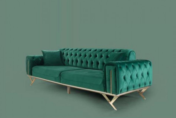 Gréng Chesterfield Canapé Dräisëtzer Setzpolster Sofa Miwwel Samt Holz