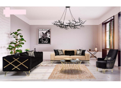 Sofasëtzt Schwaarz Sofa 3+3+1 Sëtzgeleeënheeten Eleganter Metall Samt.