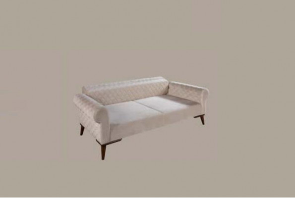 Beige dräisëtzeger Couch Elegante Sofa Sëtzmiwwel Wunnzëmmer Samt