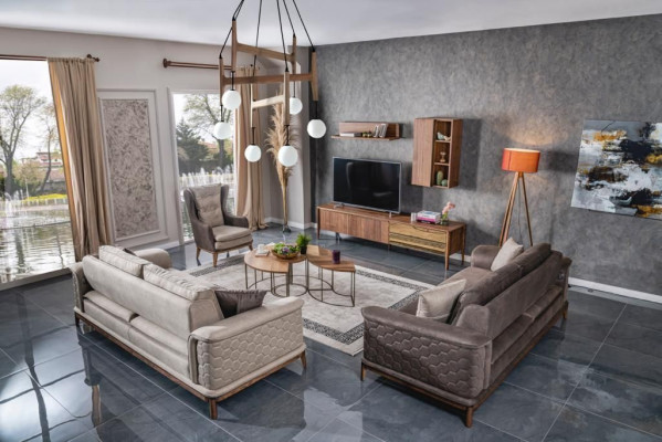 Garnitur Sofagarnitur Luxus 3+3+1 Sëtzer Sofa Stoff Fauteuil Sofaen Modern Braun