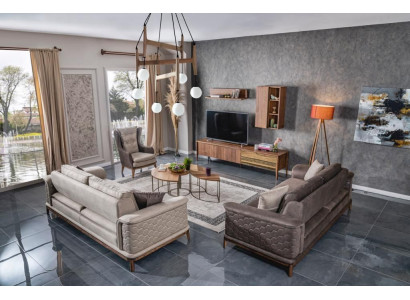 Garnitur Sofagarnitur Luxus 3+3+1 Sëtzer Sofa Stoff Fauteuil Sofaen Modern Braun