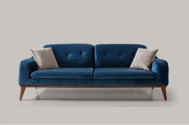Blo Couch Dräisëtzer Sofa Wunnzëmmer Sëtzpolster Miwwelen Samt Holz