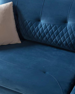 Blo Couch Dräisëtzer Sofa Wunnzëmmer Sëtzpolster Miwwelen Samt Holz