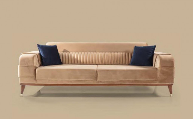 Modern Dräi-Sëtzer Sofa Faarf Beige Sofa Wunnzëmmer Design Stil Holz