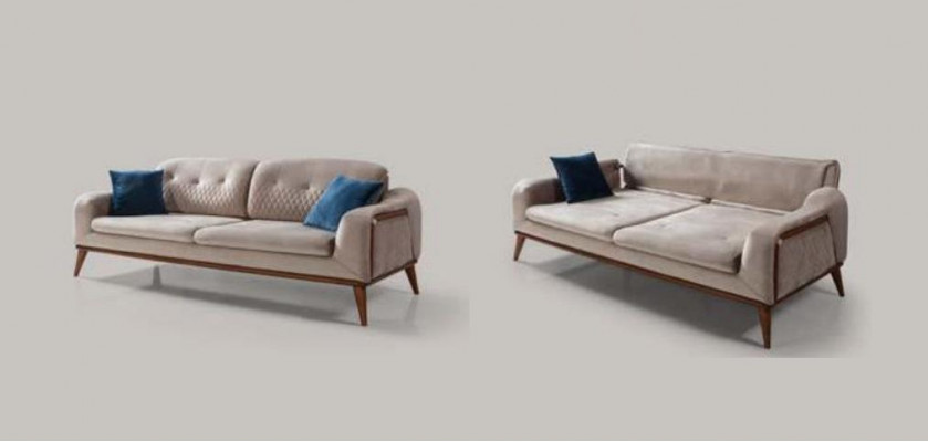 Beige Canapé Wunnzëmmer Dräisëtzer Sëtzkëssen Sofa Miwwelen Samett Holz