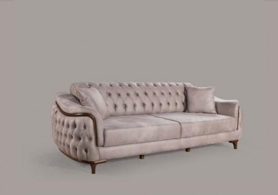 Beige Chesterfield Canapé Dräi-Sëtzer Sëtzpolster Sofa Miwwelen Samt Holz