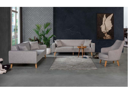 Sofa Canapé Polster Sëtz 3+3+1 Sëtz Garnitur Design Holz Sofas Beige Sëtzpolster